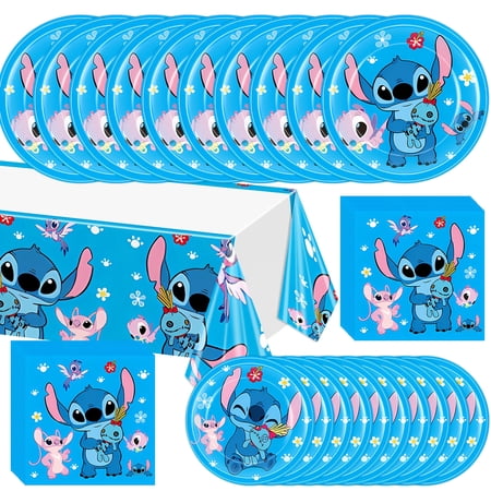 42 PCS Stitch Birthday Decorations Tableware Set, Stitch Plates and Napkins Party Supplies Includes 20 PCS Paper Plates, 20 PCS Napkins and 2 PCS Tablecloth