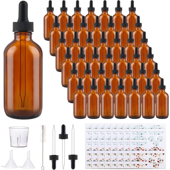42 Pack 4oz Glass Bottles with Glass Eye Droppers for Essential Oils, Perfumes & Lab (Brush, Funnels, 3 Extra Droppers, 48 count Labels & 30ml Measuring Cup Included)