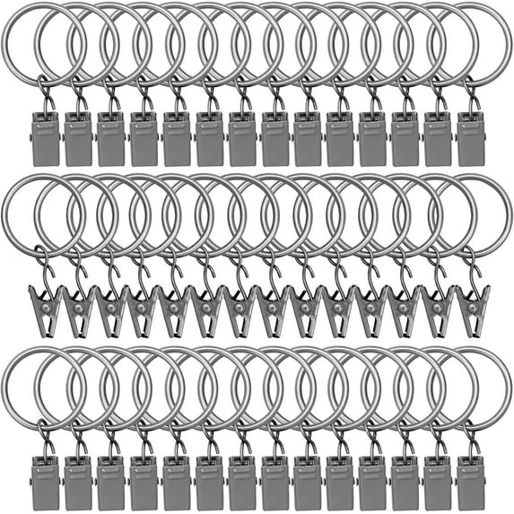 42 Pack Curtain Rod Clip Rings,1" Interior Diameter(Compatible with up to 5/8" Curtain Rod),Metal Drapery Ring with Clips,Strong Decorative Drapery Window Ring with Hooks,Rustproof Vintage(Silver)