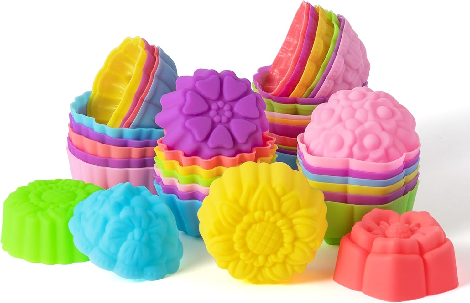 42 Pack Silicone Cupcake Mold Multi FlowerShaped Baking Cup NonStick