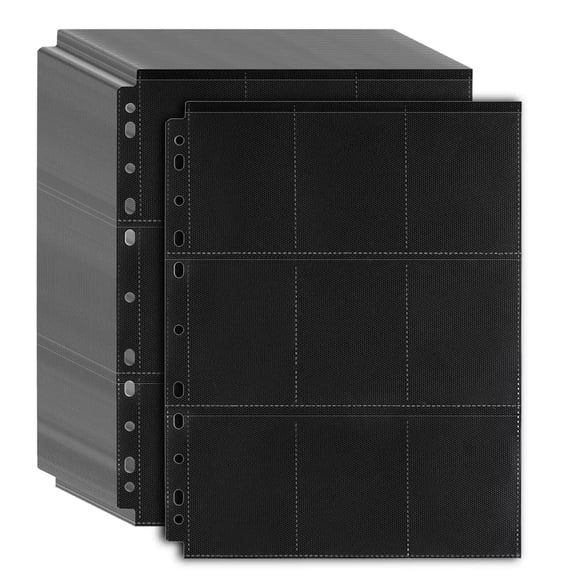 42 Pack Trading Card Binder Sheets, 9-Pocket Double-Sided Pages Holds 756 Cards, Premium Sleeve Protector for 3-Ring Binder, Display & Organize Baseball, Football, Business Cards Black background.