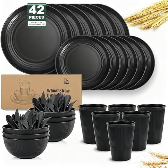 42 Pack Wheat Straw Dinnerware Set, Black Plates and Bowls Sets for Kitchen & Camping | Wheat straw Dinnerware Set Black dish set for 6 (Includes Dinner Plates, Bowls, Cups & Cutlery)