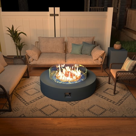 42" Patio Propane Gas Concrete Fire Pit Table, Round with Wind Guard and Fire Table Tank, 50000 BTU Auto-Ignition Fire Table, 42" L x 42" W x 13" H, Dark Grey
