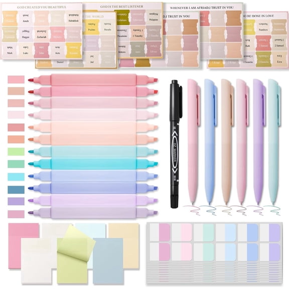 42 Pcs Bible Study Supplies, Bible Journaling Kit for Women, 12 Bible Highlighters and 6 Pens, 90 Bible Tabs, 7 Transparent Sticky Notes and Other