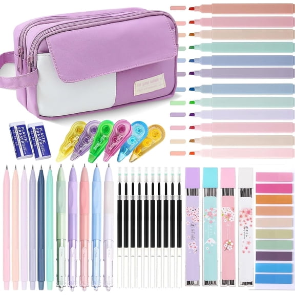 42PCS Aesthetic Stationery Set: Big Pencil Pouch, Highlighters, Gel Pens & Automatic Pencils - Ideal Gift for Note-Taking & Journaling (Purple)