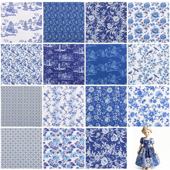 42 Pcs Blue White Floral Polyester Cotton Fabric Quilting Bundle Patchwork Floral Fabric Sewing Quilting Bundle Assorted Pattern Cloth for DIY Scrapbook Craft Making
