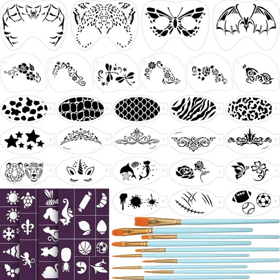 42 Pcs Face Paint Stencils Kits Includes 28 Reusable Facial Painting Stencils with 4 Stickers 10 Painting Brushes Plastic Tattoo Templates for Kids Halloween Party Makeup(Classic Style)