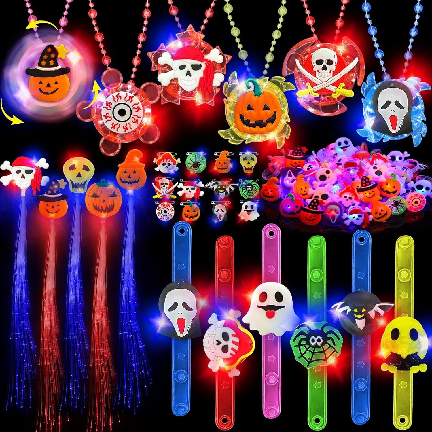 42 Pcs Halloween Party Favors for Kids Halloween Glow in the Dark Toys Rotating Spin Light Up Necklaces LED Bracelets Flash Rings Brooches Hair Lights Halloween Treats Gifts Bag Fillers Party Supplies