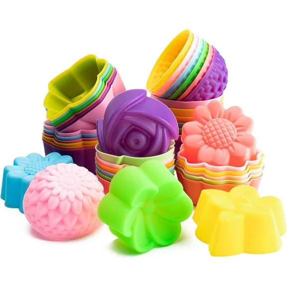 42 Pcs Mini Size Silicone Molds, 2 x 0.8 inch Cupcake Multicolor Flower Baking Cups Non-Stick Muffin Liners