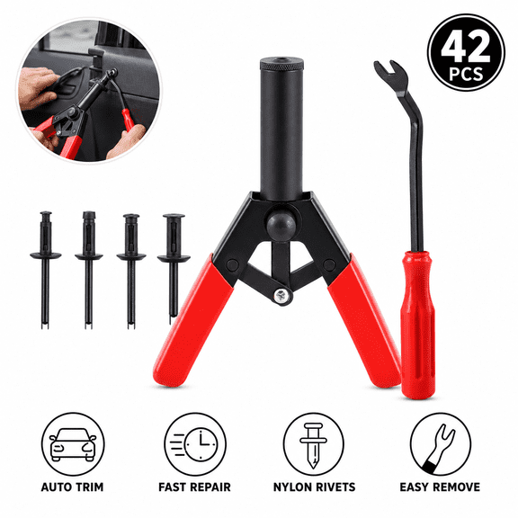 42 Pcs Plastic Rivet Gun Set, Automotive Fastener Tool Kit with 40 Assorted Nylon Blind Rivets & Removal Tool for Car Interior, Bumper, Trim