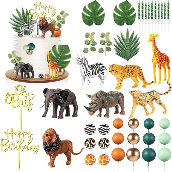 42 Pcs Safari Jungle Animal Cake Toppers Wild One Zebra Lion Giraffe Elephant Tiger Palm Leaves Decorations for Zoo Birthday Party Supplies