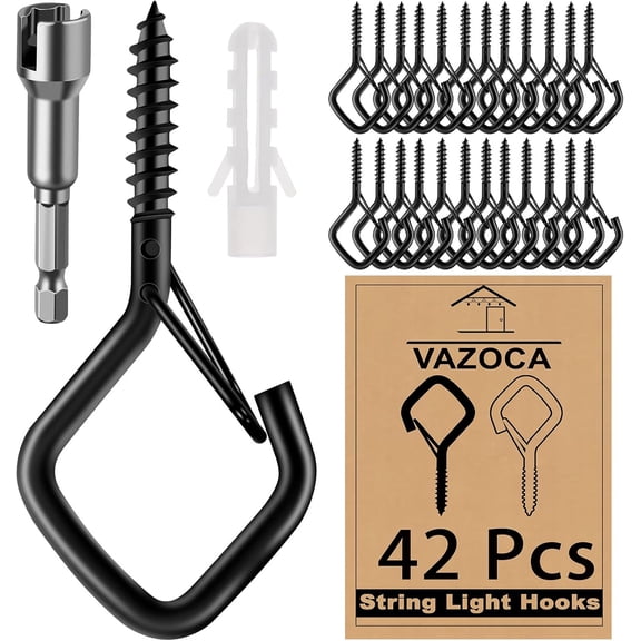 42 Pcs Screw Hooks for Outdoor String Lights, Patio Wall Ceilling Eye Hook | Square Q-Hanger Hook with Safety Buckle for Hanging Cup Plant Pots Christmas Decor Wire Fairy Led, Wind Nut Driver, Black