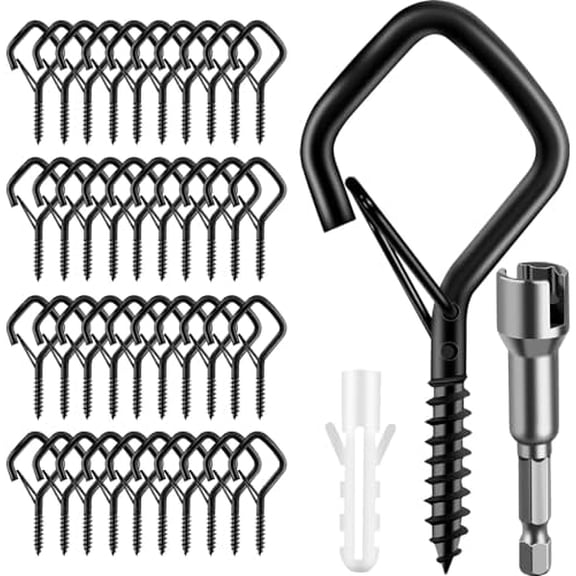 42 Pcs Screw Hooks for Outdoor String Lights, Q-Hanger Hook with Safety Buckle, Patio Wall Ceilling Square Eye Cup Hook for Hanging Plant Pots Christmas Decor Wire Fairy Led, Wind Nut Driver, Black