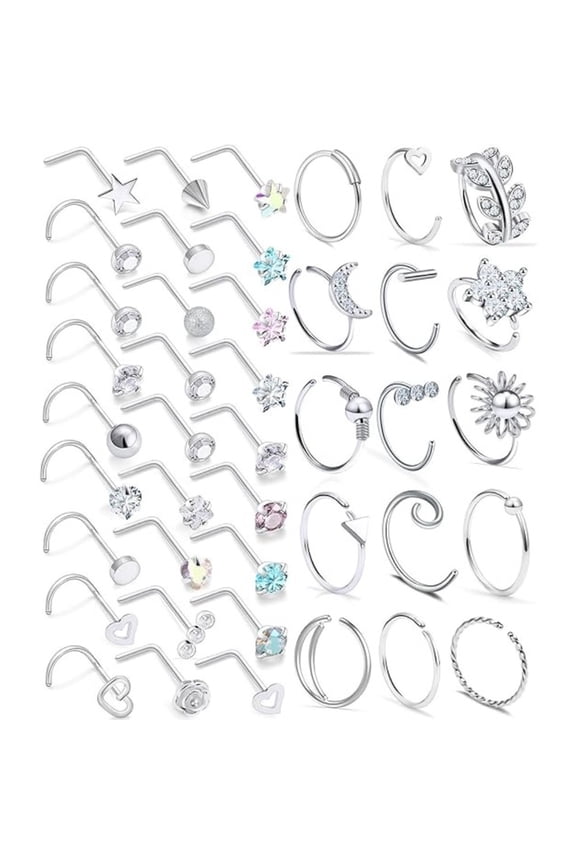 42 Pcs Surgical Steel Nose Jewelry Set With Storage Box, 18G Hypoallergenic L-Shape Studs & Hoops, Sparkling CZ Body Piercings for Nose Ear Cartilage, Everyday & Party Wear
