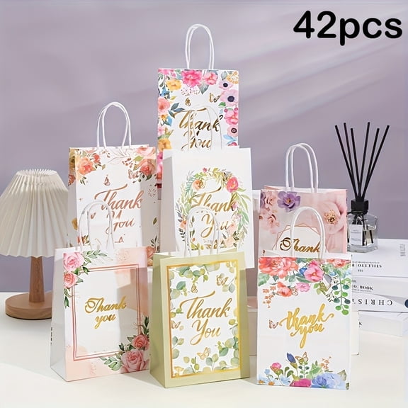 42 Pcs Thank You Gift Bags Bulk Floral Paper with Handles, Small Size for Return Gifts, Wedding, Birthday, Candy, Cookie Packaging