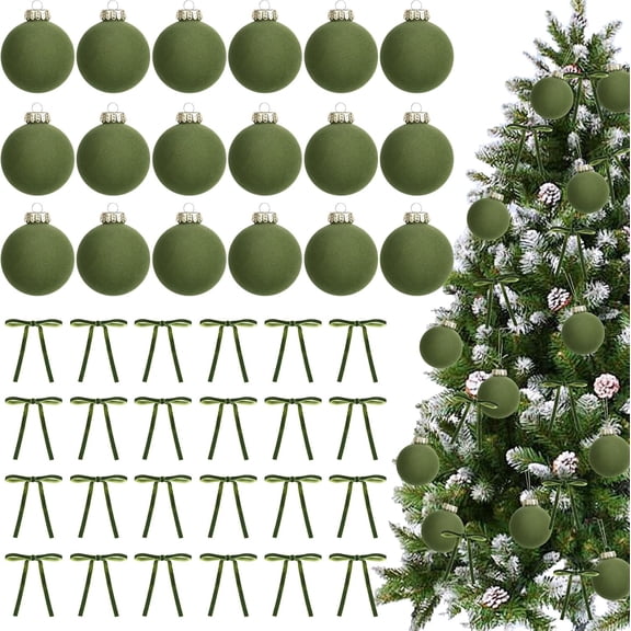 42 Pcs Velvet Christmas Ornaments Set Include 18 Christmas Tree Ornaments Balls and 24 Velvet Christmas Wreath Bows Flocked Xmas Hanging Decor for Home (Green)