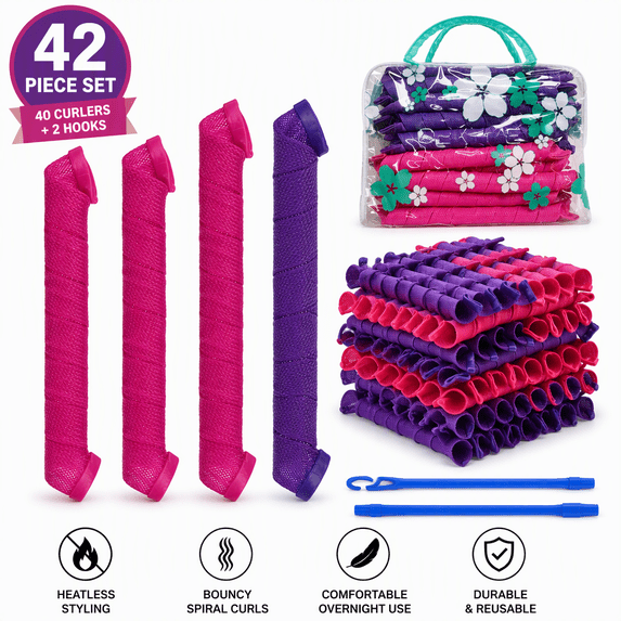 42-Piece (40 Curlers + 2 Hooks) Heatless Spiral Hair Curlers 12-Inch ...