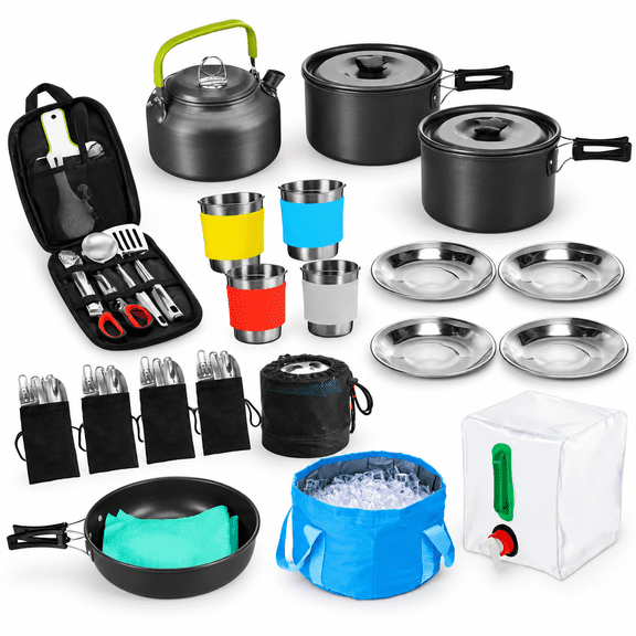 42-Piece Camping Cookware Mess Kit For 4 People, Anodized Aluminum Non-Stick Set