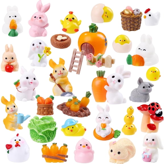 42-Piece EASTER Mini Resin Figurine Set, Small Farm Animal Bunny Chick Sculptures for Fairy Garden Decor, Dollhouse, Party Favors, DIY Terrarium Landscape