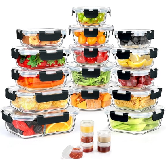 42-Piece Glass Food Storage Container Set with Snap Locking Lids Leak Proof BPA-Free Black