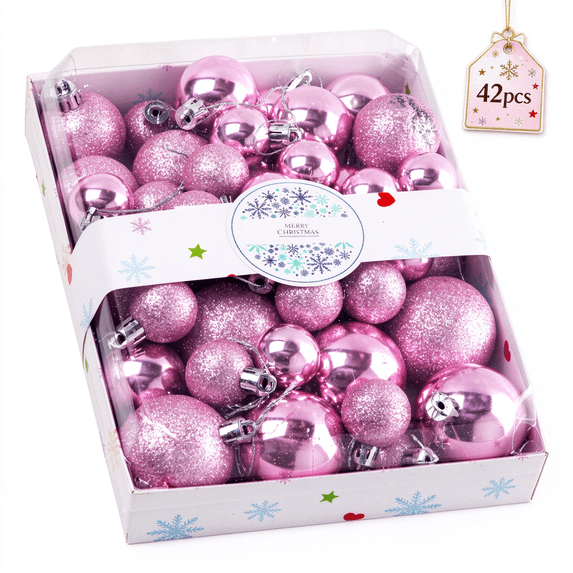 42-Piece Pink Plastic Christmas Ball Set, Shatterproof Christmas Tree Ornaments, Assorted Reflective Sphere Collection Christmas Ornaments for Holiday Decor