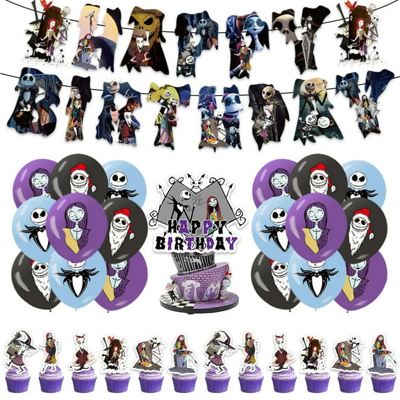 42 Piece Set Animation Birthday Party The Nightmare Before Christmas Halloween Theme Party Cake Toppers Jack Skellington Celebration Banners Flag