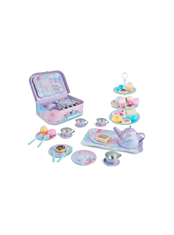 42 Piece Tea Party Set For Little Girls Gift Pretend Kids Toy Tin Tea Set