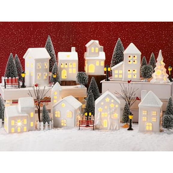 42 Pieces Porcelain Christmas Village Set 9 Lighted LED Xmas Village Houses with 16 Xmas Trees, Withered Tree Lamp Fence Bench Winter Village Building Figurines for Holiday Tabletop Decor