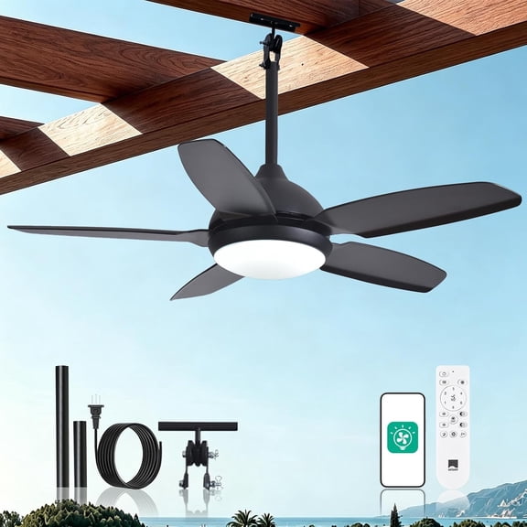 42" Plug-in Outdoor Ceiling Fan with Light for Patio, Gazebo & Porch, Black 5- Fan, IP44 , 6-Speed Quiet DC , Remote & App Control, Dimmable 3000-6500K, Reversible