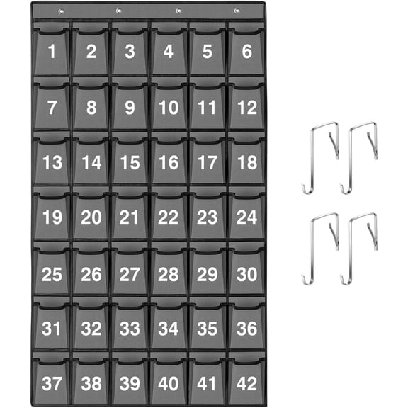 42 Pockets Numbered Classroom Pocket Chart for Cell Phones, Hanging Pocket Chart Storage for Classroom Phone Calculator Holder with 4 Hooks and 42 Clear Numbers Printing (Grey-42pockets)