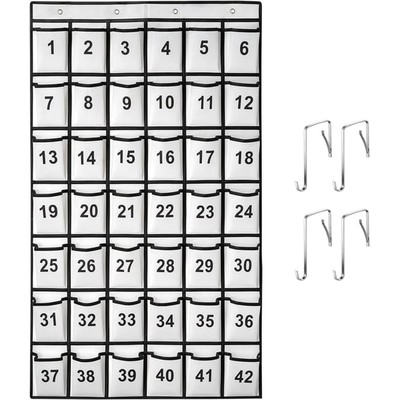 42 Pockets Numbered Classroom Pocket Chart for Cell Phones, Hanging Pocket Chart Storage for Classroom Phone Calculator Holder with 4 Hooks and 42 Clear Numbers Printing (White)