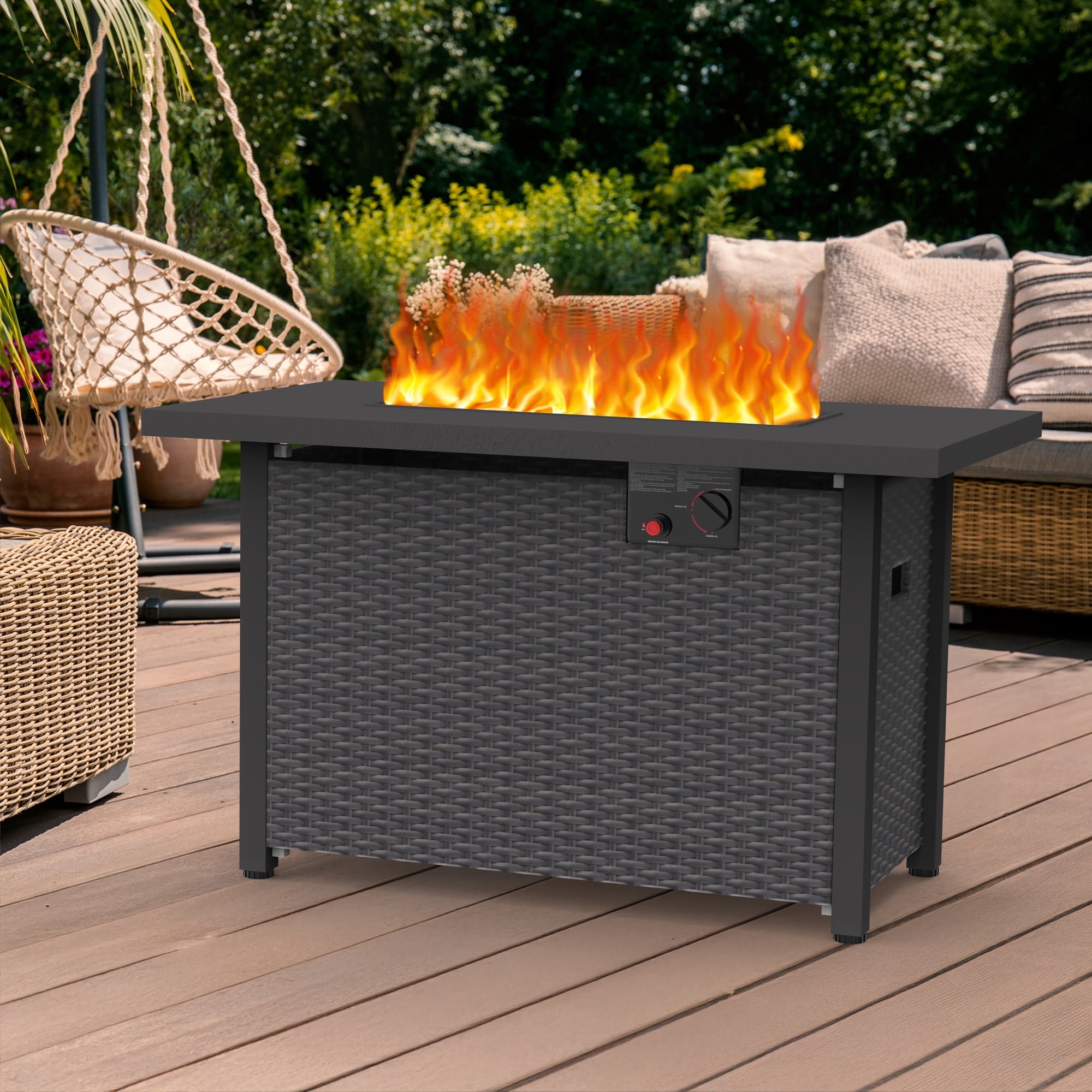 42" Propane Fire Pit, 50,000 BTU Auto-Ignition Gas Fire Pit Table, Outdoor Fire Tables with Lid and Glass Stone for Outside, Garden, Backyard