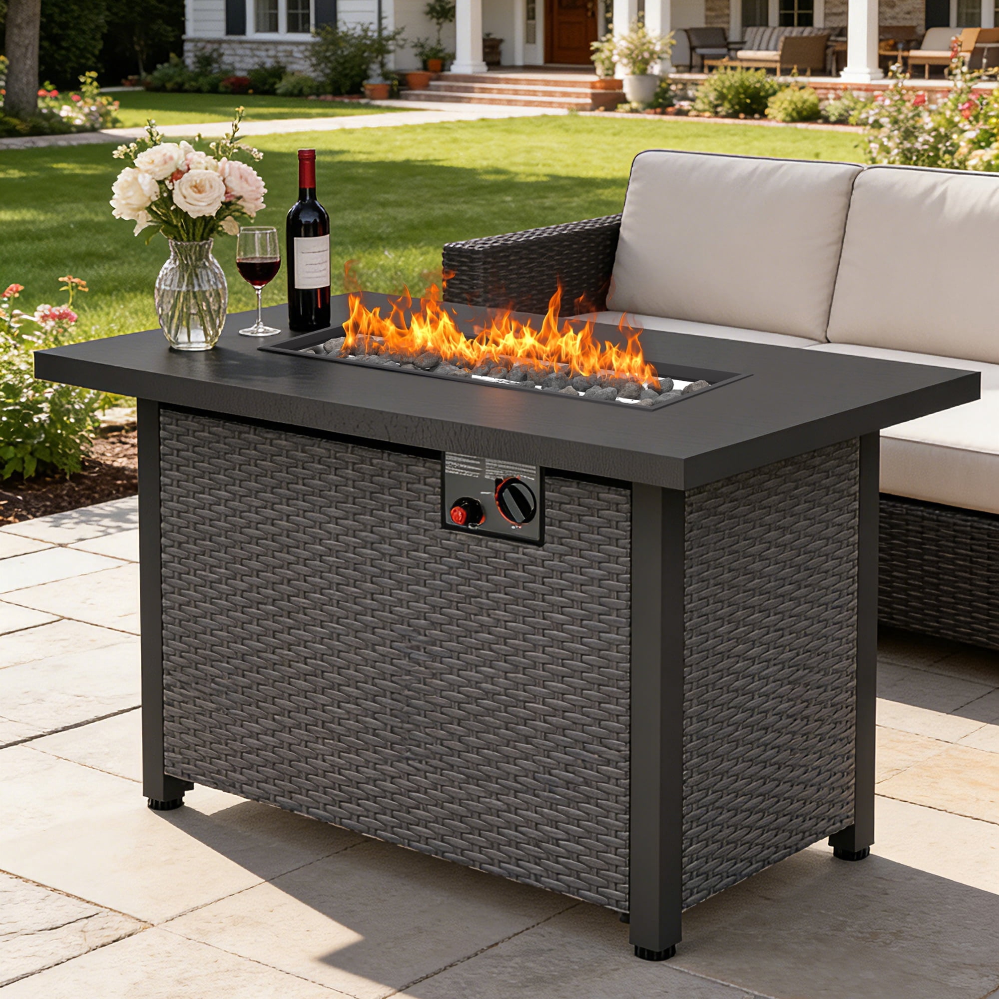 42" Propane Fire Pit, 50,000 BTU Auto-Ignition Gas Fire Pit Table, Outdoor Fire Tables with Lid and lava rocks for Outside, Garden, Backyard