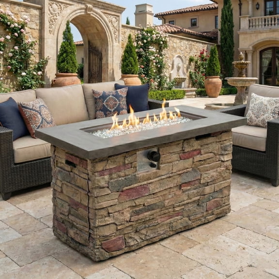 42" Propane Gas Fire Pit Table, 50000 BTU Rectangular Concrete Fire Pit for Outside Patio Deck Garden Backyard - beigie multi