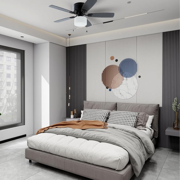 Flush Mount Pull Chain Ceiling Fan with LED Light, Dual Finish Blades ...