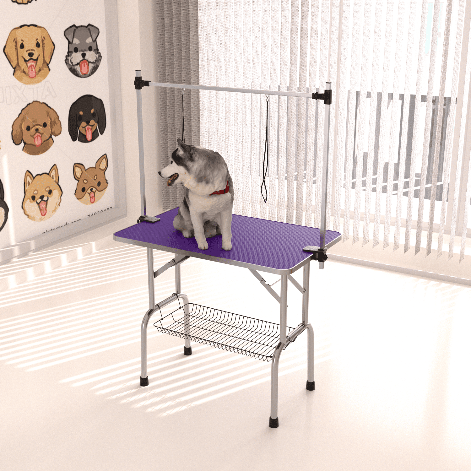 42" Purple Foldable Pet Dog Grooming Table, Stainless Steel Frame with Adjustable Arm, Non-Slip Rubber Mat, Storage Basket & Safety Clamps for Dogs & Cats