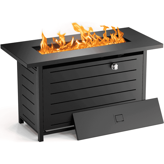 Philergo 42" Rectangular Gas Fire Pit Table, 60,000 BTU Propane Fire Pits for Outside with Lid and Lava Rock