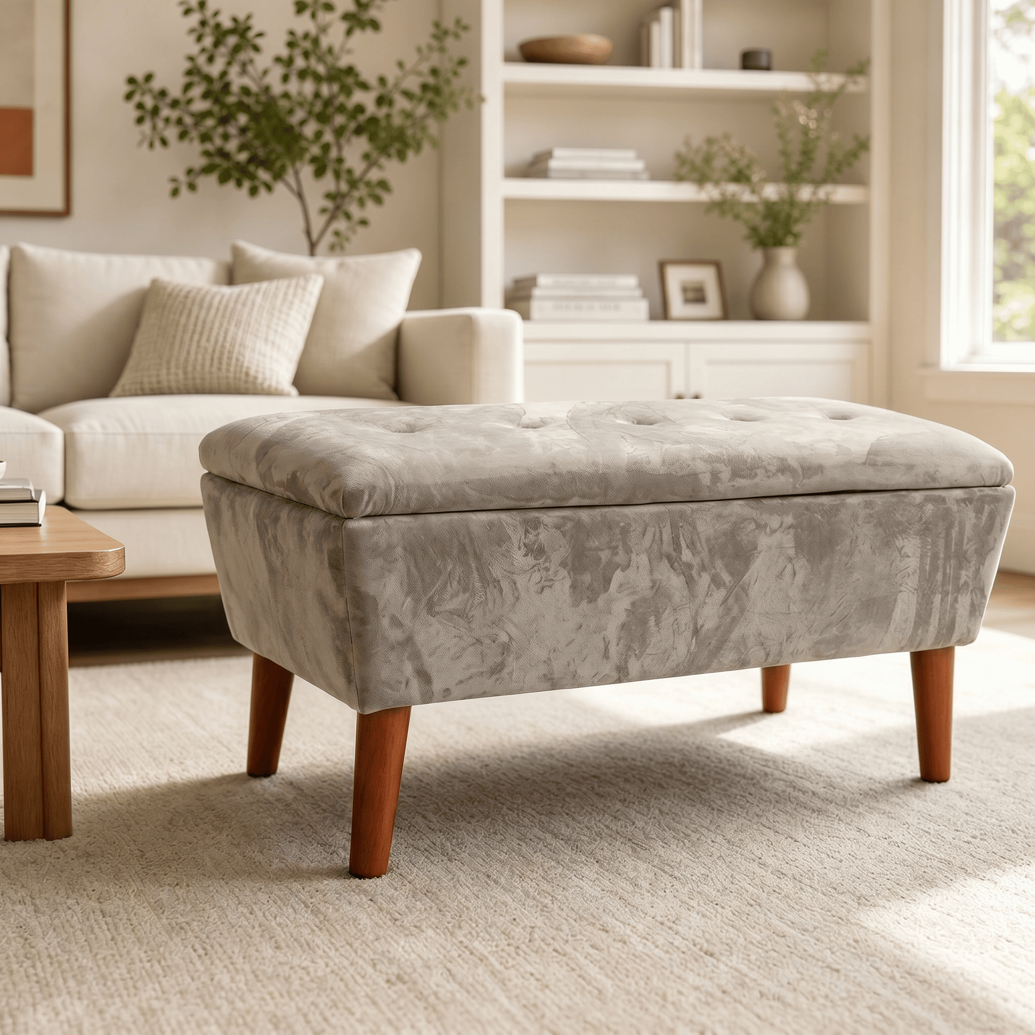 42" Rectangular Linen Upholstered Ottoman Bench, Solid Wood Tapered Legs Multi-Use Entryway Shoe Bench End of Bed Footrest Stool for Living Room Bedroom Small Spaces