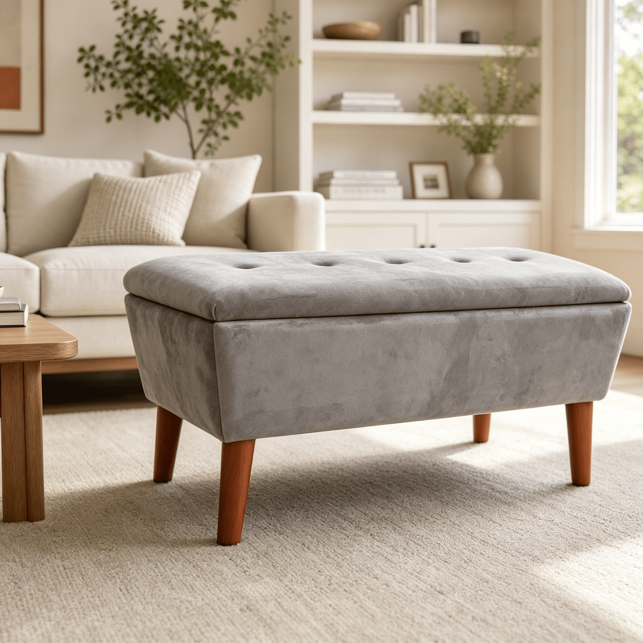 42" Rectangular Linen Upholstered Ottoman Bench, Solid Wood Tapered Legs Multi-Use Entryway Shoe Bench End of Bed Footrest Stool for Living Room Bedroom Small Spaces