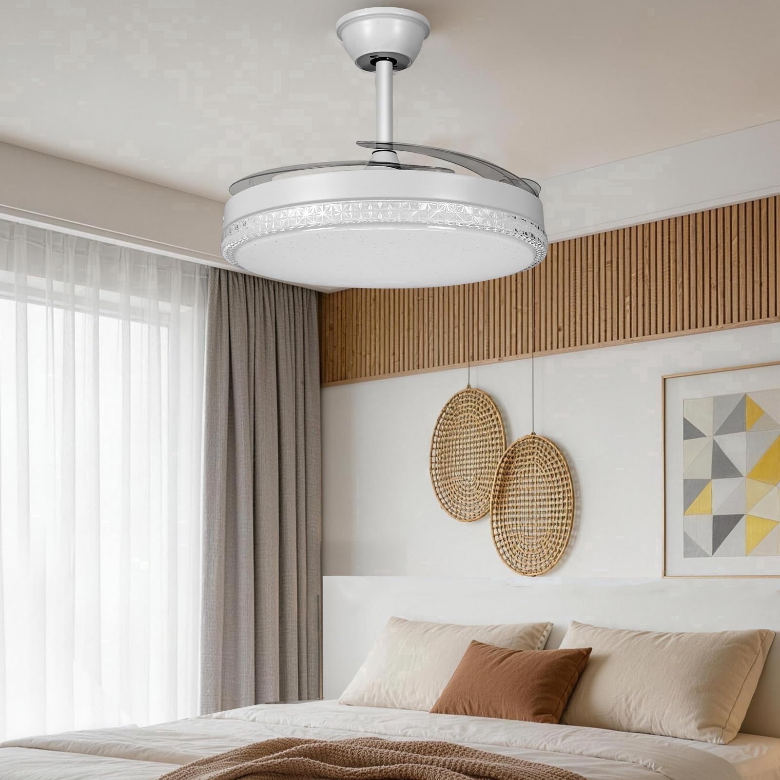 RJFKSNC 42" Retractable Ceiling Fan with Light,Acrylic chandelier, Dimmable LED 3000K-6500K, 6 Speeds, Reversible Motor, Remote & APP Control, for Living Room Bedroom Dining Room