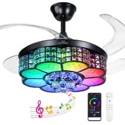 42" Retractable Ceiling Fan with Light and Bluetooth Speaker, RGB Color Changing Crystal Chandelier Fan, 6 Speeds Reversible Motor, Remote/APP Control for Living Room Bedroom