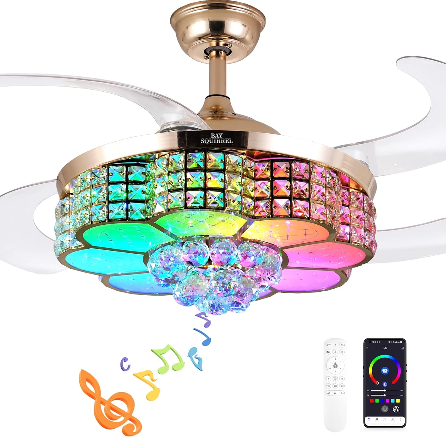 42" Retractable Ceiling Fan with Light and Bluetooth Speaker, RGB Color Changing Crystal Chandelier Fan, 6 Speeds Reversible Motor, Remote/APP Control for Living Room Bedroom