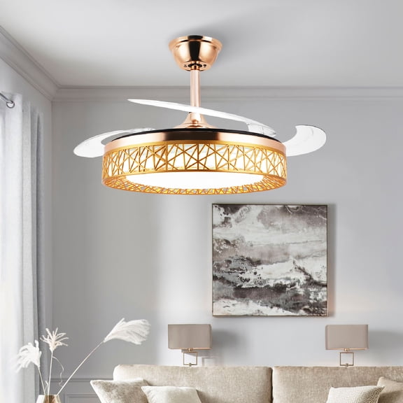 42" Retractable Ceiling Fan with Lights and Remote, Modern Gold Birdcage Fandelier, Quiet 6 Speeds Reversible DC Motor Invisible Blade Ceiling Fan, Stepless Dimmable 3CCT Fan Lamp