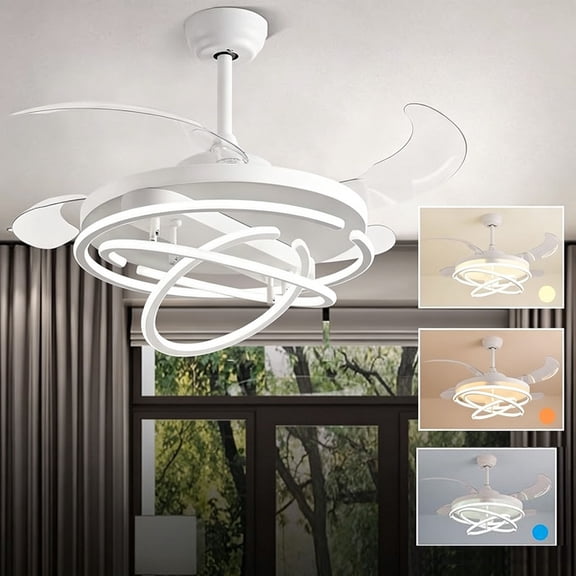 42" Retractable Ceiling Fans with Lights Remote Control, Modern Ceiling Fan Rings LED Chandeliers, Invisible Ceiling Fans Fandelier with 4 Reversible Blades, 6 Speed Wind (White)