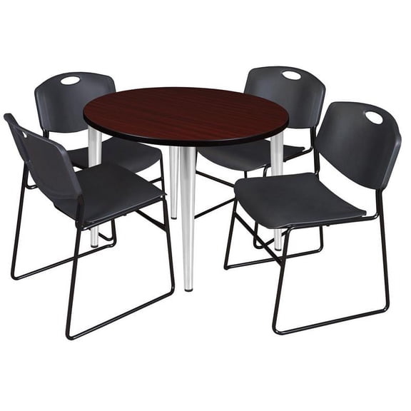42" Rnd Breakroom Table- Mahogany Top- Chrome Base & 4 Zeng Stack Chairs- Black