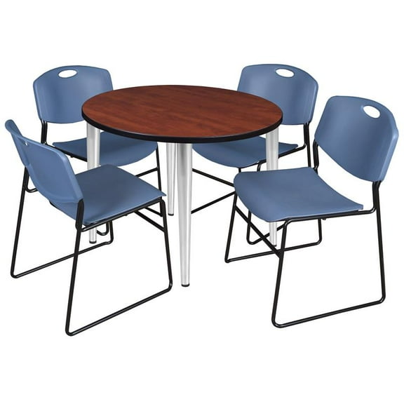 42" Round Breakroom Table- Cherry Top- Chrome Base & 4 Zeng Stack Chairs- Blue