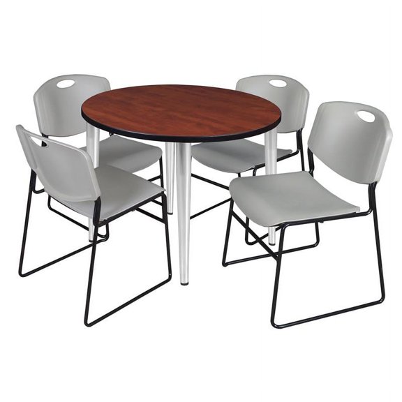42" Round Breakroom Table- Cherry Top- Chrome Base & 4 Zeng Stack Chairs- Grey