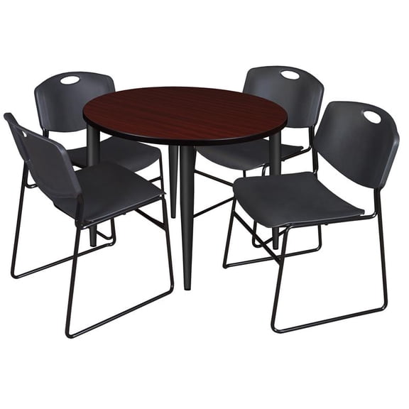 42" Round Breakroom Table- Mahogany Top- Black Base & 4 Zeng Stack Chairs- Black