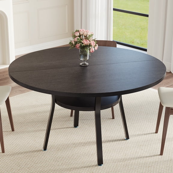 42" Round Dining Table for 4-6, Farmhouse Kitchen Table with Storage, Space Saving Circle Dinner Table, Rustic Wood Kitchen & Dining Room Tables with Metal Legs for Kitchen, Living Room, Dining Room