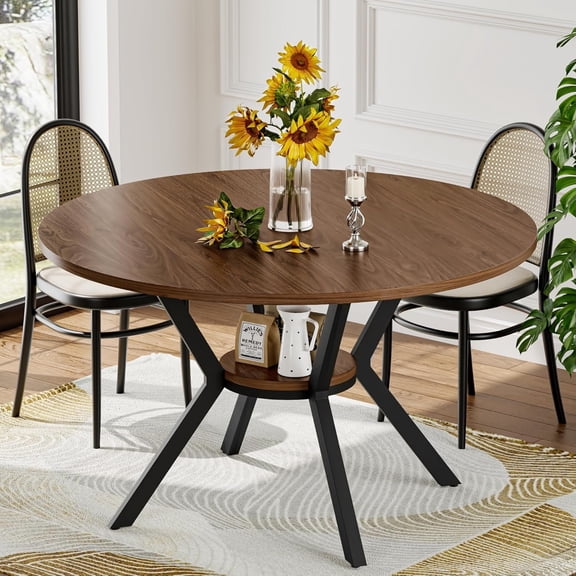 42" Round Dining Table for 4, Farmhouse Kitchen Table with Storage, Space Saving Circle Dinner Table, Rustic Kitchen & Dining Room Tables with Metal for Kitchen, Living Room, Dining Room